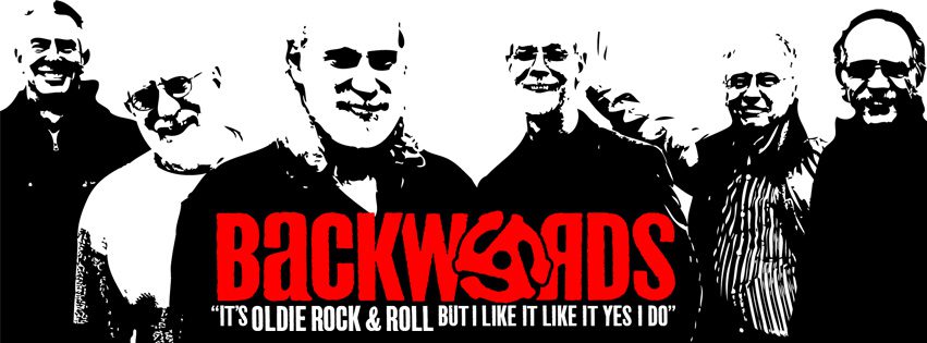 Black and white photo of the Backwords Band with their logo in red