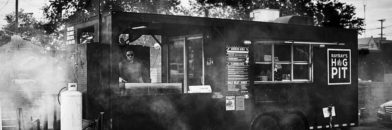 Black and white photo of Ray Ray's Hog Pit food truck